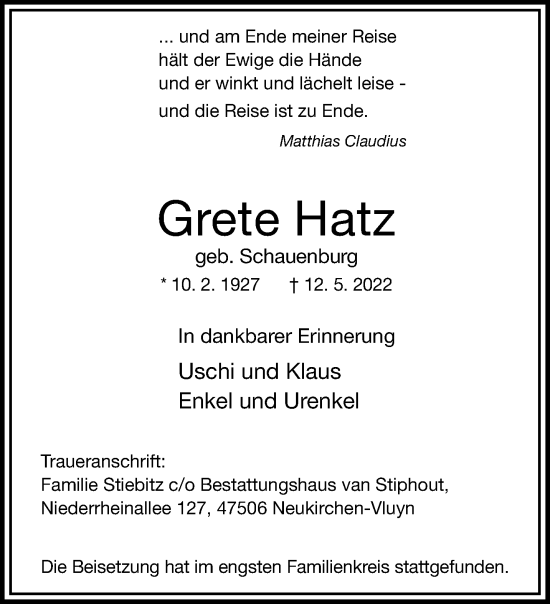 Traueranzeige von Grete Hatz von trauer.mein.krefeld.de