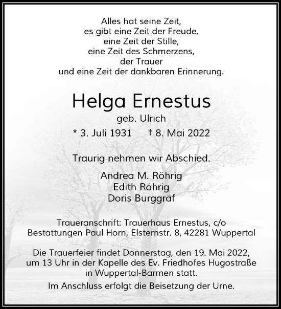 Traueranzeige von Helga Ernestus von trauer.wuppertaler-rundschau.de