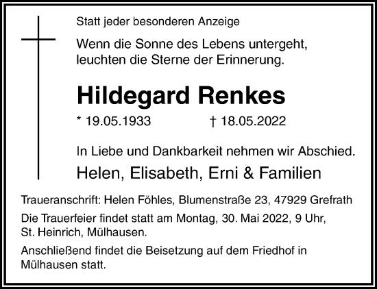 Traueranzeige von Hildegard Renkes von trauer.mein.krefeld.de