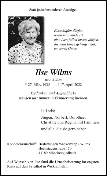 Traueranzeige von Ilse Wilms von trauer.extra-tipp-moenchengladbach.de