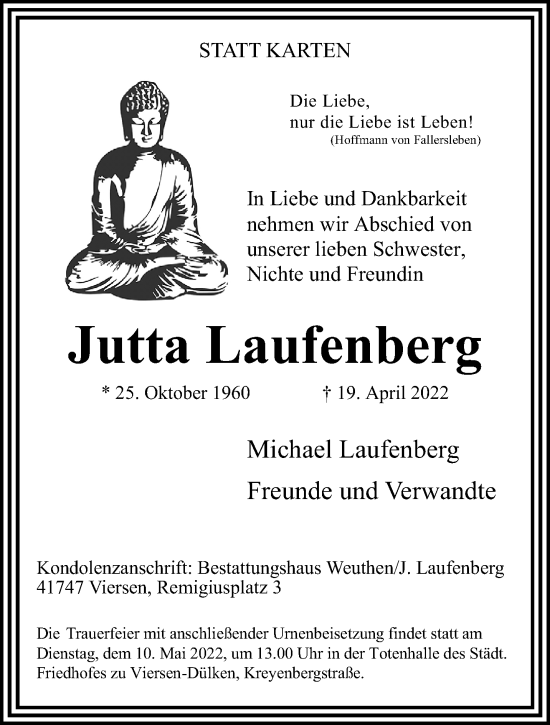 Traueranzeige von Jutta Laufenberg von trauer.extra-tipp-moenchengladbach.de