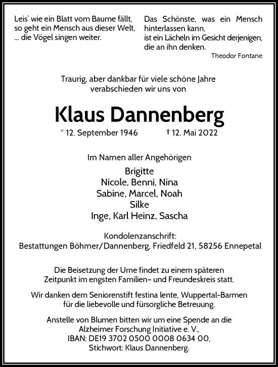 Traueranzeige von Klaus Dannenberg von trauer.wuppertaler-rundschau.de