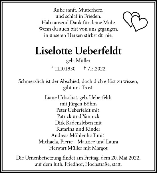 Traueranzeige von Liselotte Ueberfeldt von trauer.wuppertaler-rundschau.de