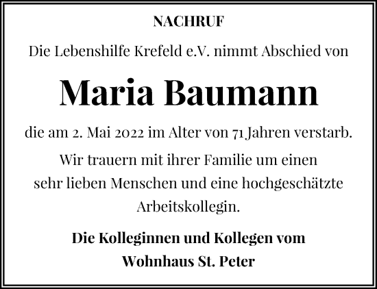 Traueranzeige von Maria Baumann von trauer.mein.krefeld.de