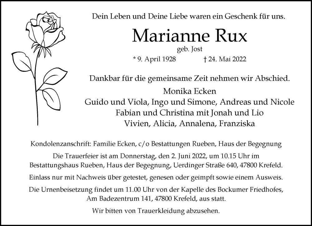  Traueranzeige für Marianne Rux vom 29.05.2022 aus trauer.mein.krefeld.de
