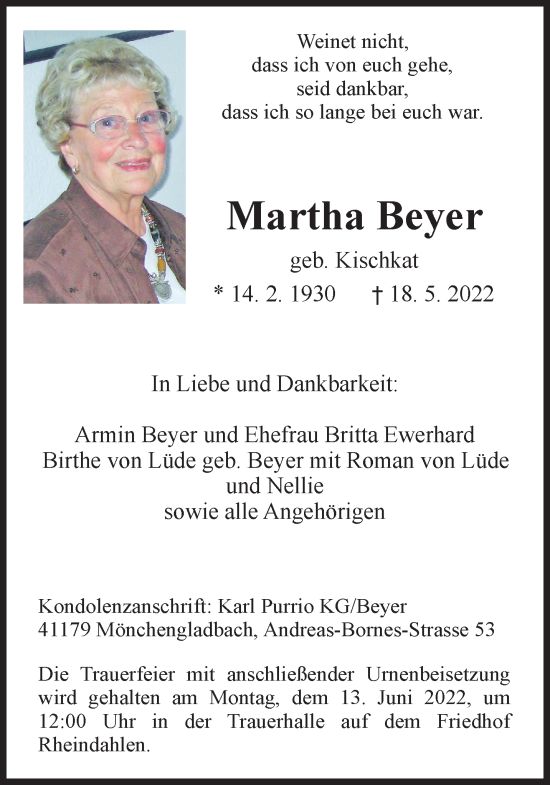 Traueranzeige von Martha Beyer von trauer.extra-tipp-moenchengladbach.de