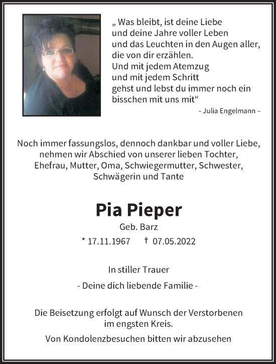 Traueranzeige von Pia Pieper von trauer.wuppertaler-rundschau.de