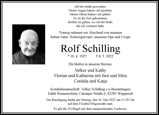 Traueranzeige von Rolf Schilling von trauer.wuppertaler-rundschau.de
