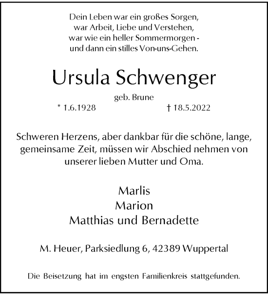 Traueranzeige von Ursula Schwenger von trauer.wuppertaler-rundschau.de