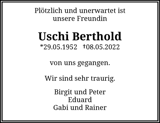 Traueranzeige von Uschi Berthold von trauer.wuppertaler-rundschau.de