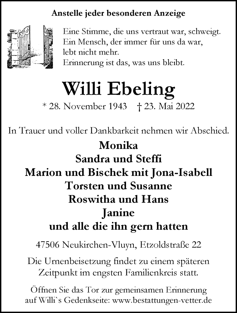  Traueranzeige für Willi Ebeling vom 29.05.2022 aus trauer.mein.krefeld.de