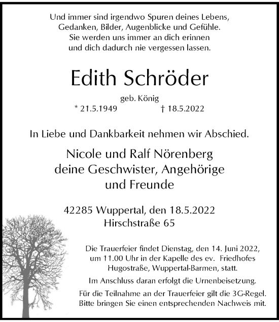 Traueranzeige von Edith Schröder von trauer.wuppertaler-rundschau.de