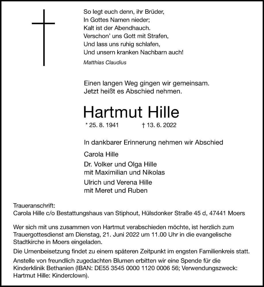  Traueranzeige für Hartmut Hille vom 19.06.2022 aus trauer.mein.krefeld.de