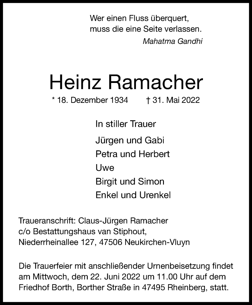  Traueranzeige für Heinz Ramacher vom 19.06.2022 aus trauer.mein.krefeld.de