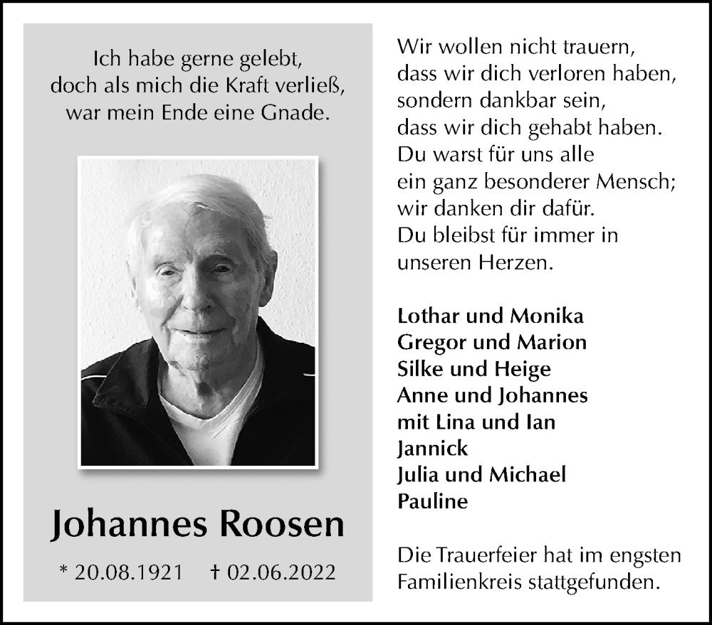  Traueranzeige für Johannes Roosen vom 12.06.2022 aus trauer.mein.krefeld.de