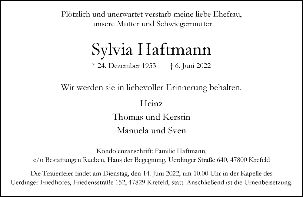  Traueranzeige für Sylvia Haftmann vom 12.06.2022 aus trauer.mein.krefeld.de