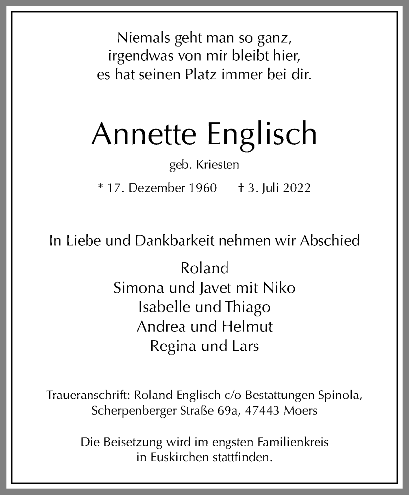  Traueranzeige für Annette Englisch vom 10.07.2022 aus trauer.mein.krefeld.de
