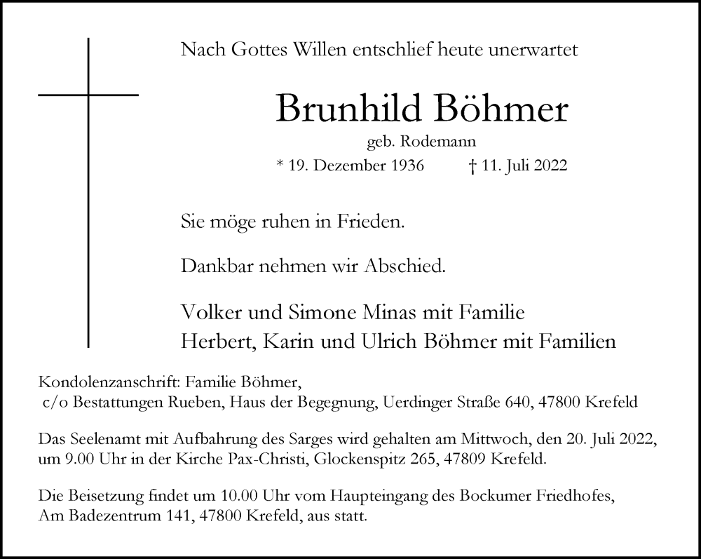  Traueranzeige für Brunhild Böhmer vom 17.07.2022 aus trauer.mein.krefeld.de