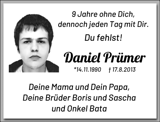 Traueranzeige von Daniel Prümer von trauer.extra-tipp-moenchengladbach.de