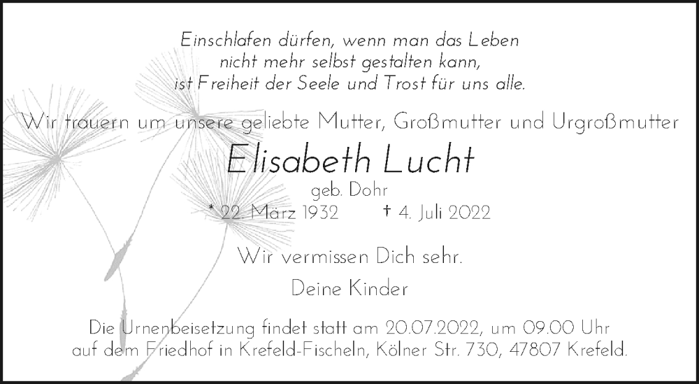  Traueranzeige für Elisabeth Lucht vom 17.07.2022 aus trauer.mein.krefeld.de