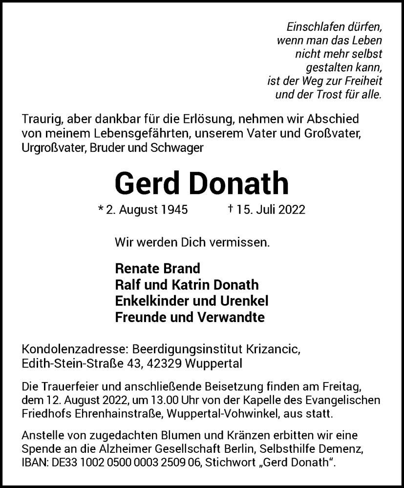  Traueranzeige für Gerd Donath vom 06.08.2022 aus trauer.wuppertaler-rundschau.de
