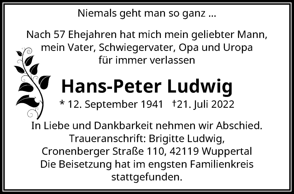  Traueranzeige für Hans-Peter Ludwig vom 06.08.2022 aus trauer.wuppertaler-rundschau.de