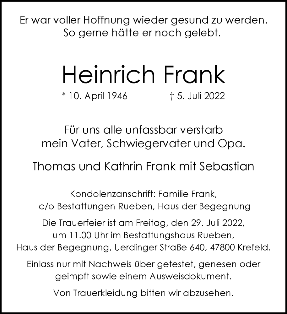  Traueranzeige für Heinrich Frank vom 17.07.2022 aus trauer.mein.krefeld.de