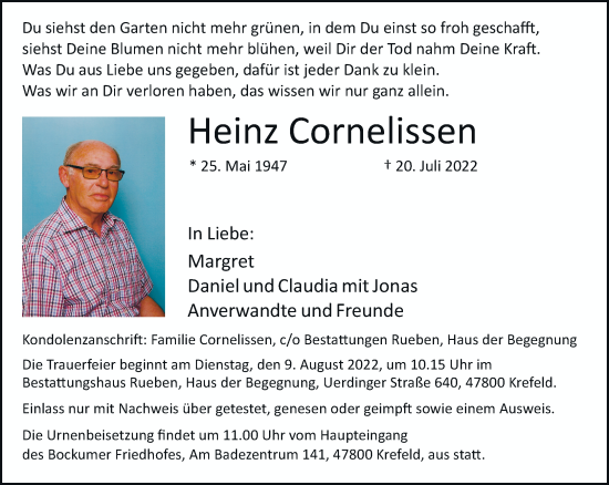 Traueranzeige von Heinz Cornelissen von trauer.mein.krefeld.de