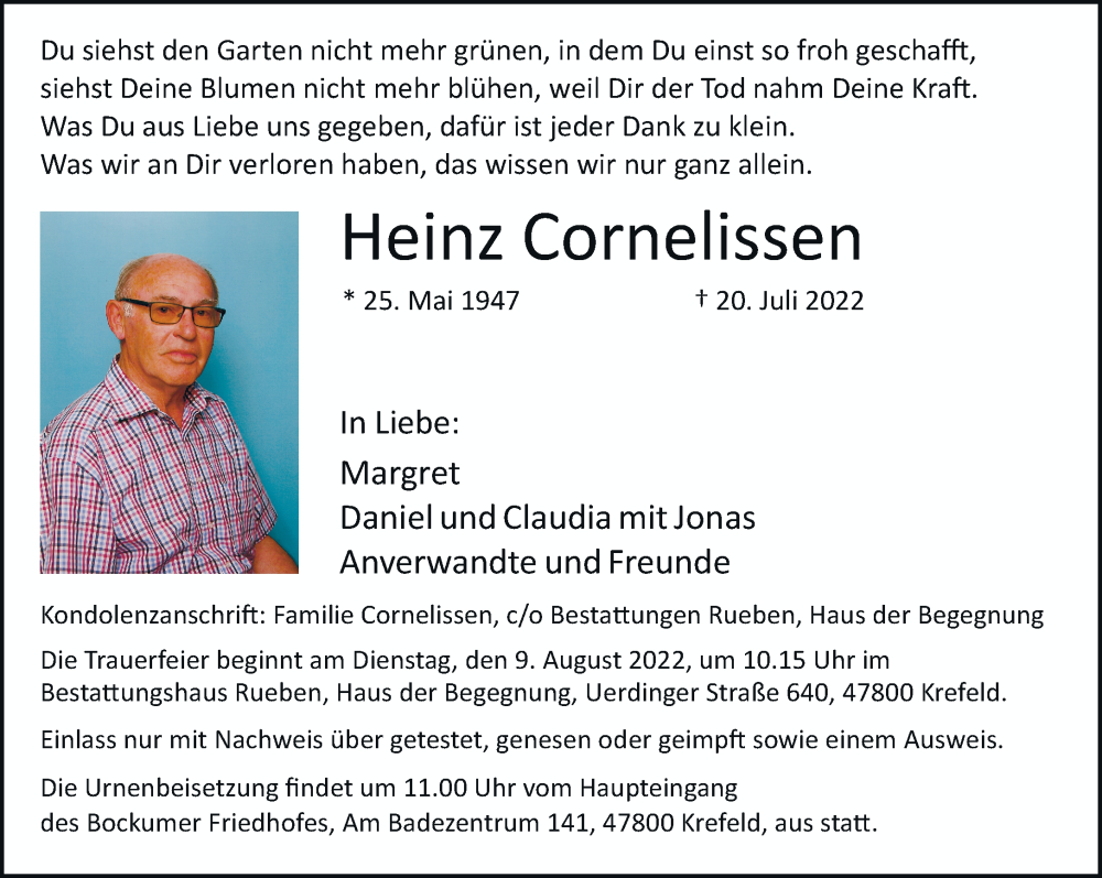  Traueranzeige für Heinz Cornelissen vom 31.07.2022 aus trauer.mein.krefeld.de