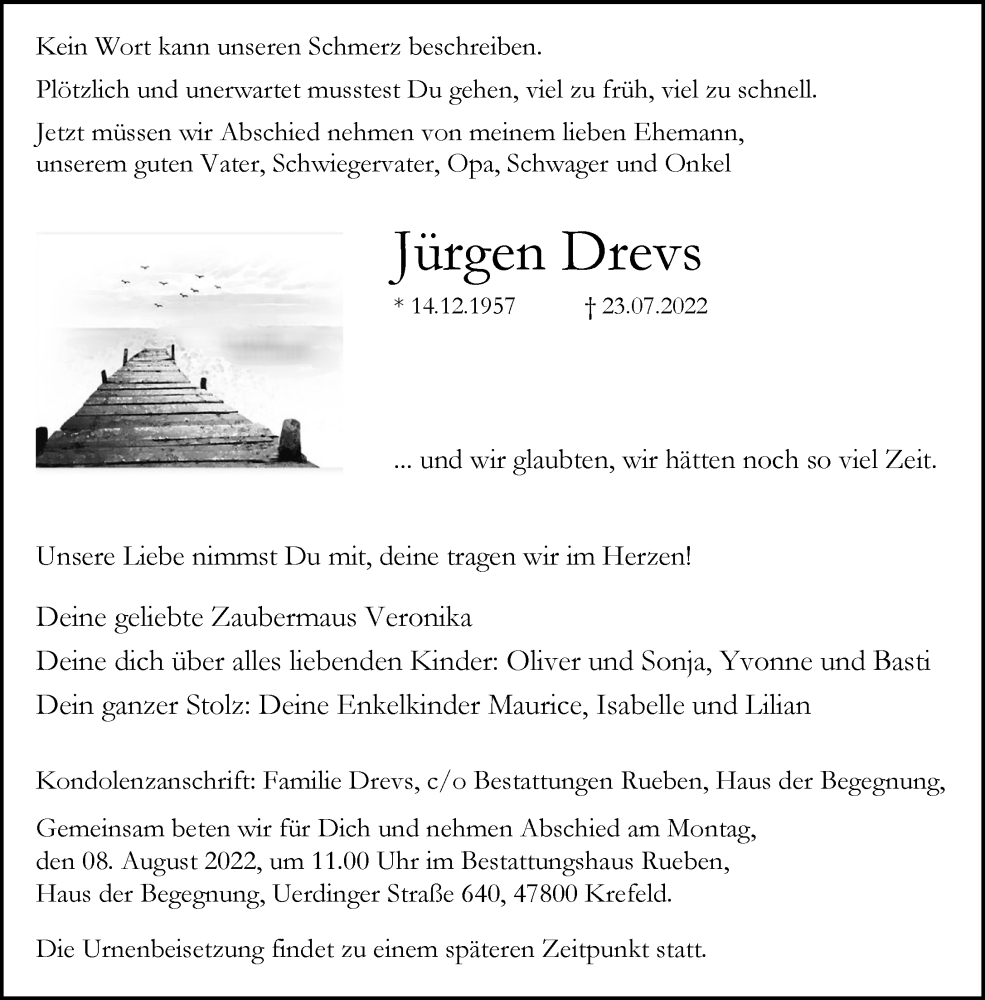  Traueranzeige für Jürgen Drevs vom 31.07.2022 aus trauer.mein.krefeld.de