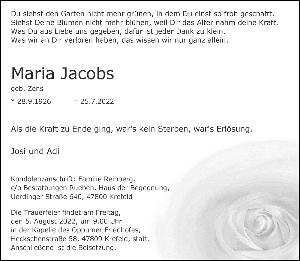  Traueranzeige für Maria Jacobs vom 31.07.2022 aus trauer.mein.krefeld.de