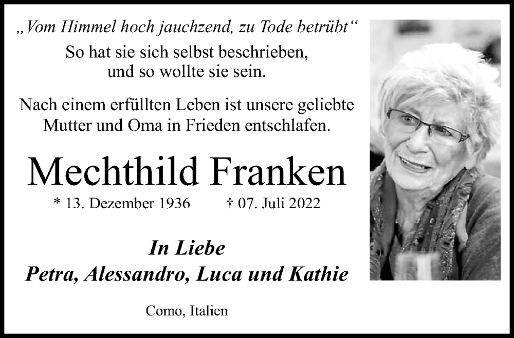  Traueranzeige für Mechthild Franken vom 24.07.2022 aus trauer.mein.krefeld.de
