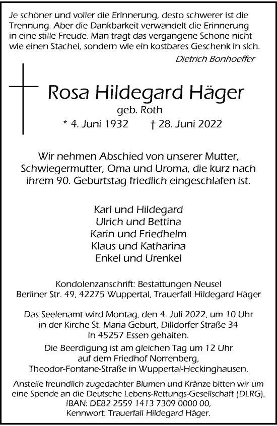 Traueranzeige von Rosa Hildegard Häger von trauer.wuppertaler-rundschau.de