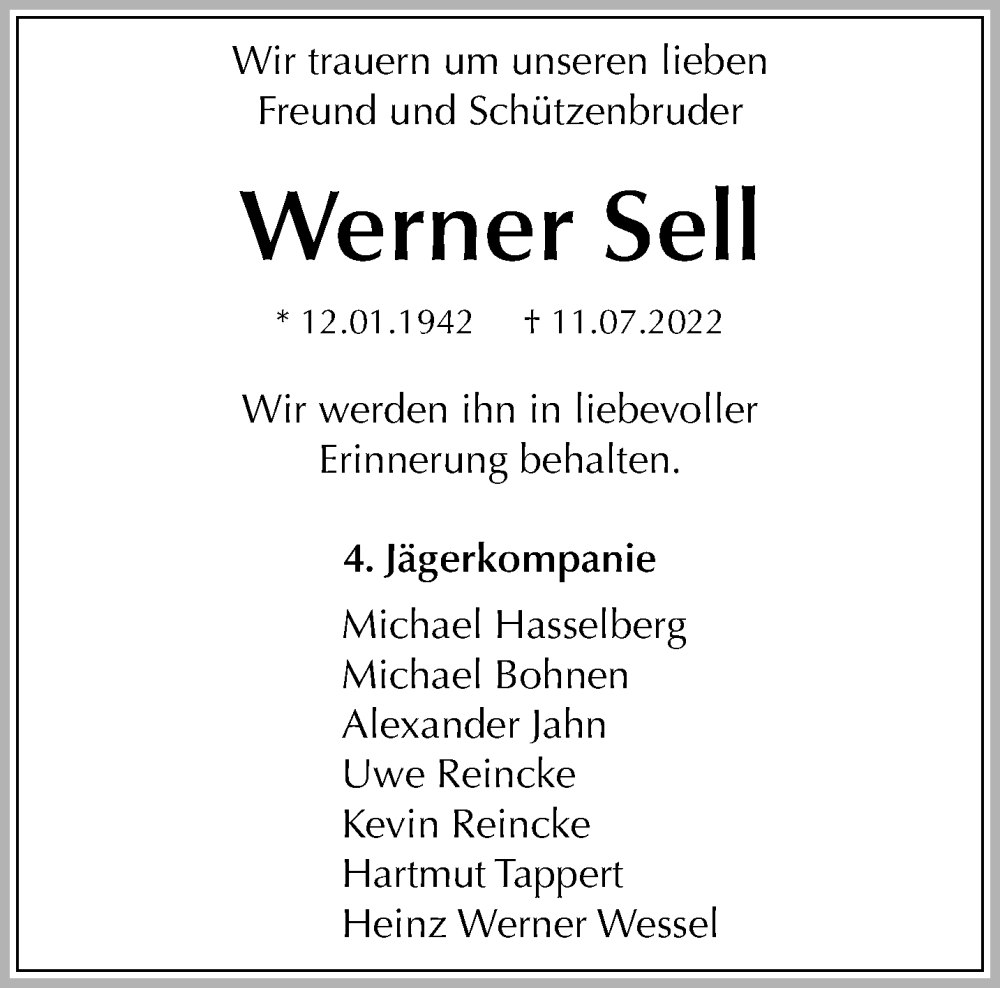  Traueranzeige für Werner Sell vom 31.07.2022 aus trauer.mein.krefeld.de