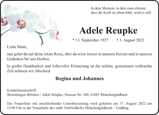 Traueranzeige von Adele Reupke von trauer.extra-tipp-moenchengladbach.de