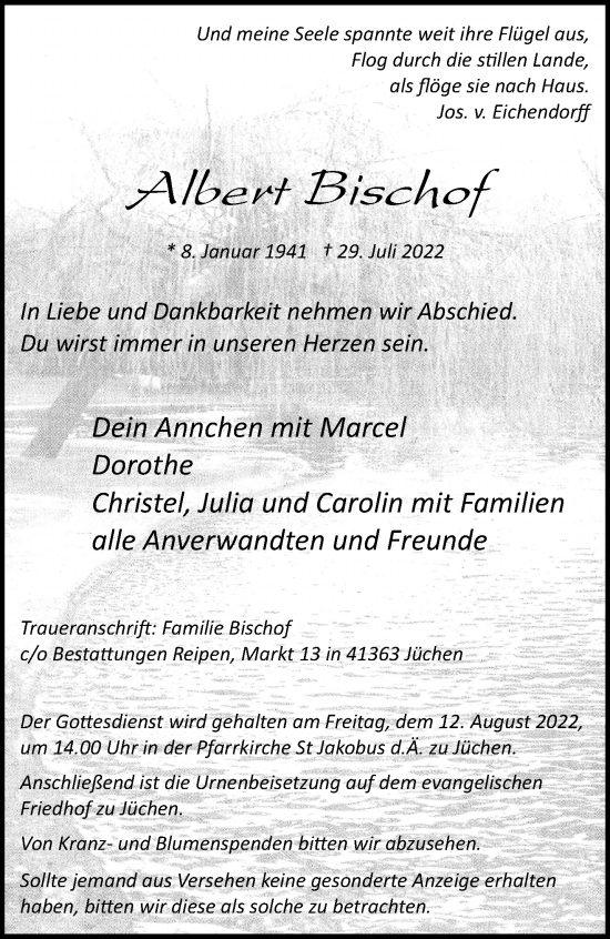 Traueranzeige von Albert Bischof von trauer.stadt-kurier.de
