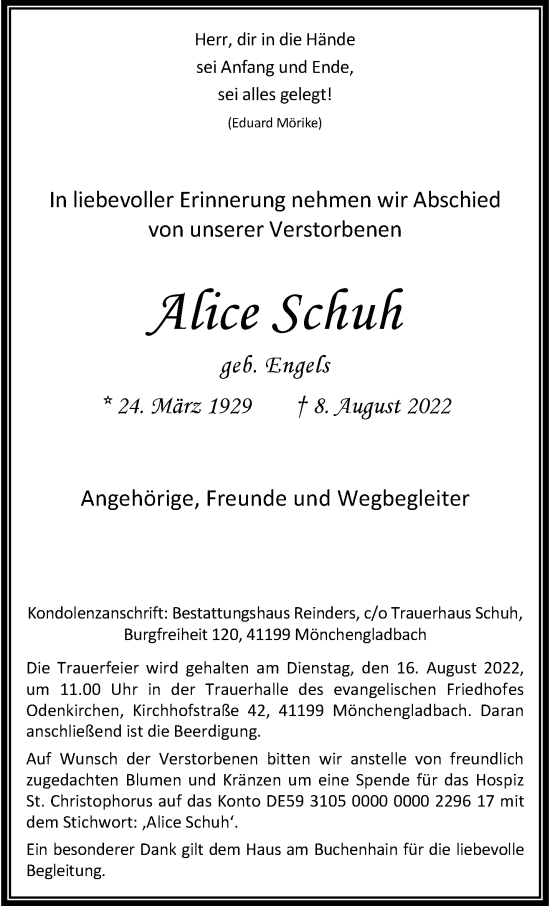 Traueranzeige von Alice Schuh von trauer.extra-tipp-moenchengladbach.de