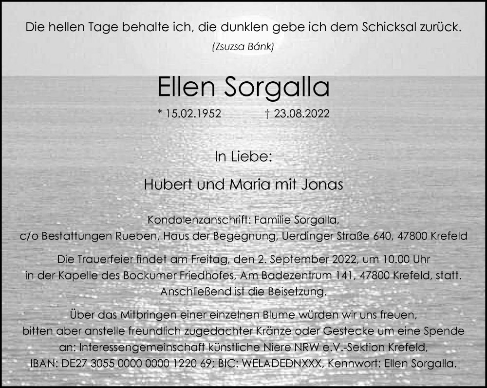 Traueranzeige für Ellen Sorgalla vom 28.08.2022 aus trauer.mein.krefeld.de