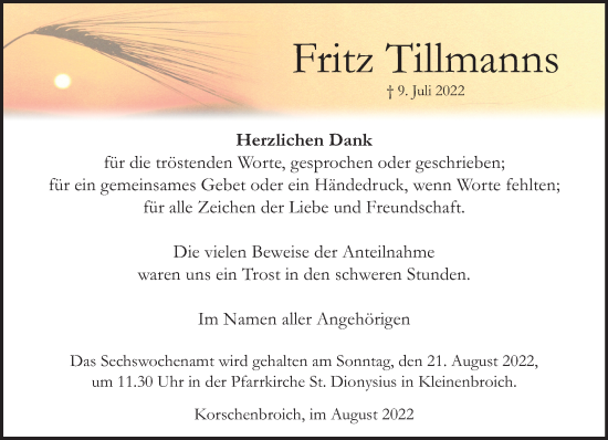 Traueranzeige von Fritz Tillmanns von trauer.extra-tipp-moenchengladbach.de