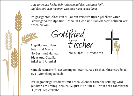 Traueranzeige von Gottfried Fischer von trauer.extra-tipp-moenchengladbach.de
