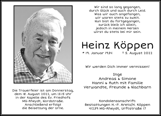 Traueranzeige von Heinz Köppen von trauer.extra-tipp-moenchengladbach.de
