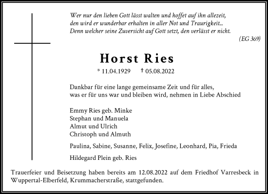 Traueranzeige von Horst Ries von trauer.wuppertaler-rundschau.de