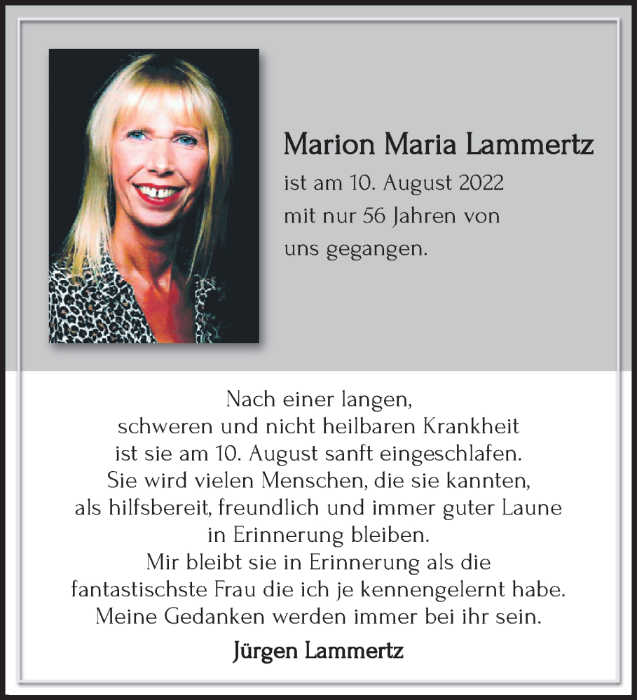  Traueranzeige für Marion Maria Lammertz vom 14.08.2022 aus trauer.extra-tipp-moenchengladbach.de
