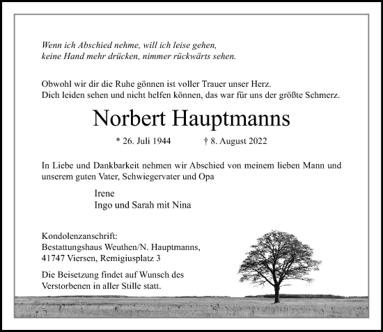 Traueranzeige von Norbert Hauptmanns von trauer.extra-tipp-moenchengladbach.de