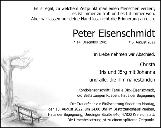 Traueranzeige von Peter Eisenschmidt von trauer.mein.krefeld.de