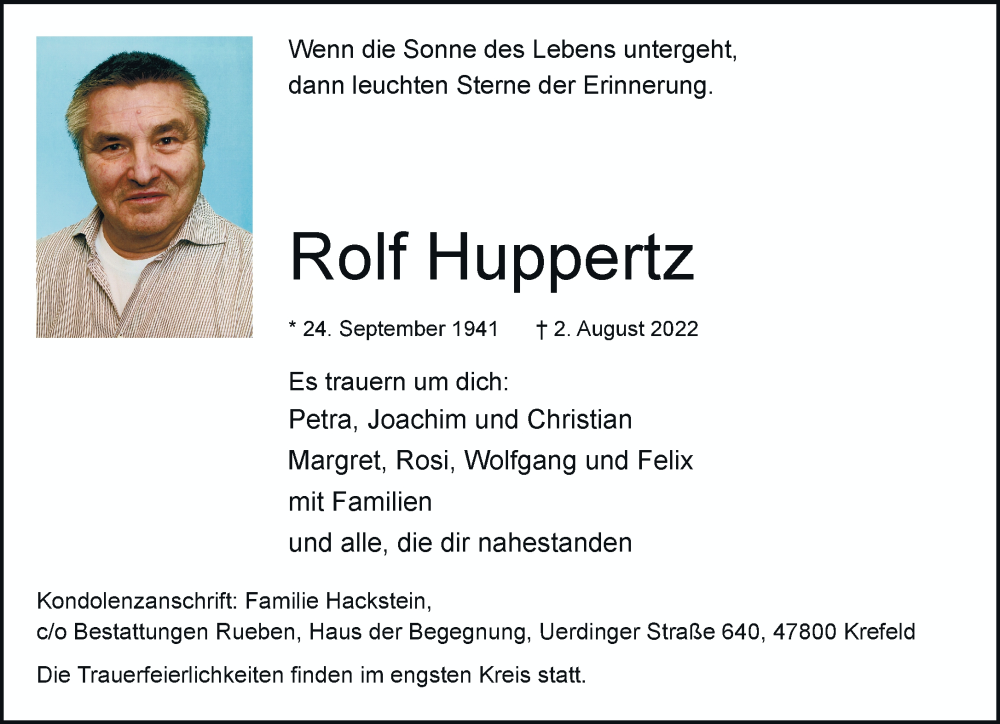  Traueranzeige für Rolf Huppertz vom 14.08.2022 aus trauer.mein.krefeld.de