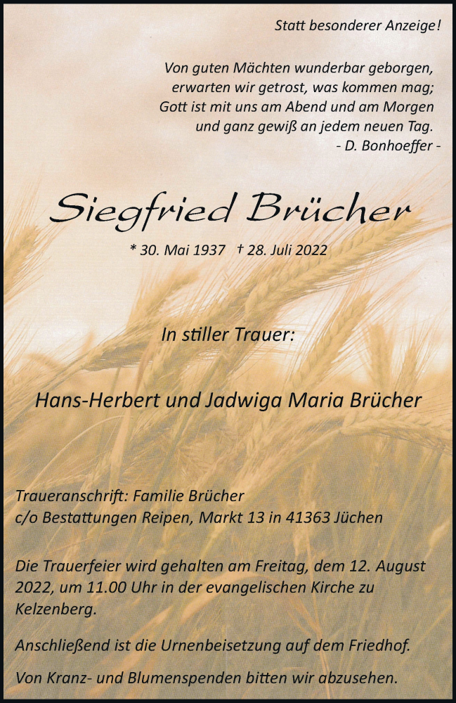  Traueranzeige für Siegfried Brücher vom 06.08.2022 aus trauer.stadt-kurier.de