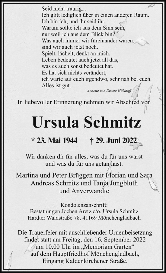 Traueranzeige von Ursula Schmitz von trauer.extra-tipp-moenchengladbach.de