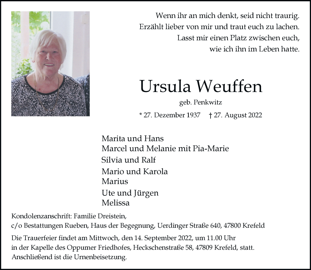  Traueranzeige für Ursula Weuffen vom 04.09.2022 aus trauer.mein.krefeld.de