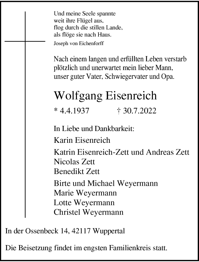  Traueranzeige für Wolfgang Eisenreich vom 06.08.2022 aus trauer.wuppertaler-rundschau.de